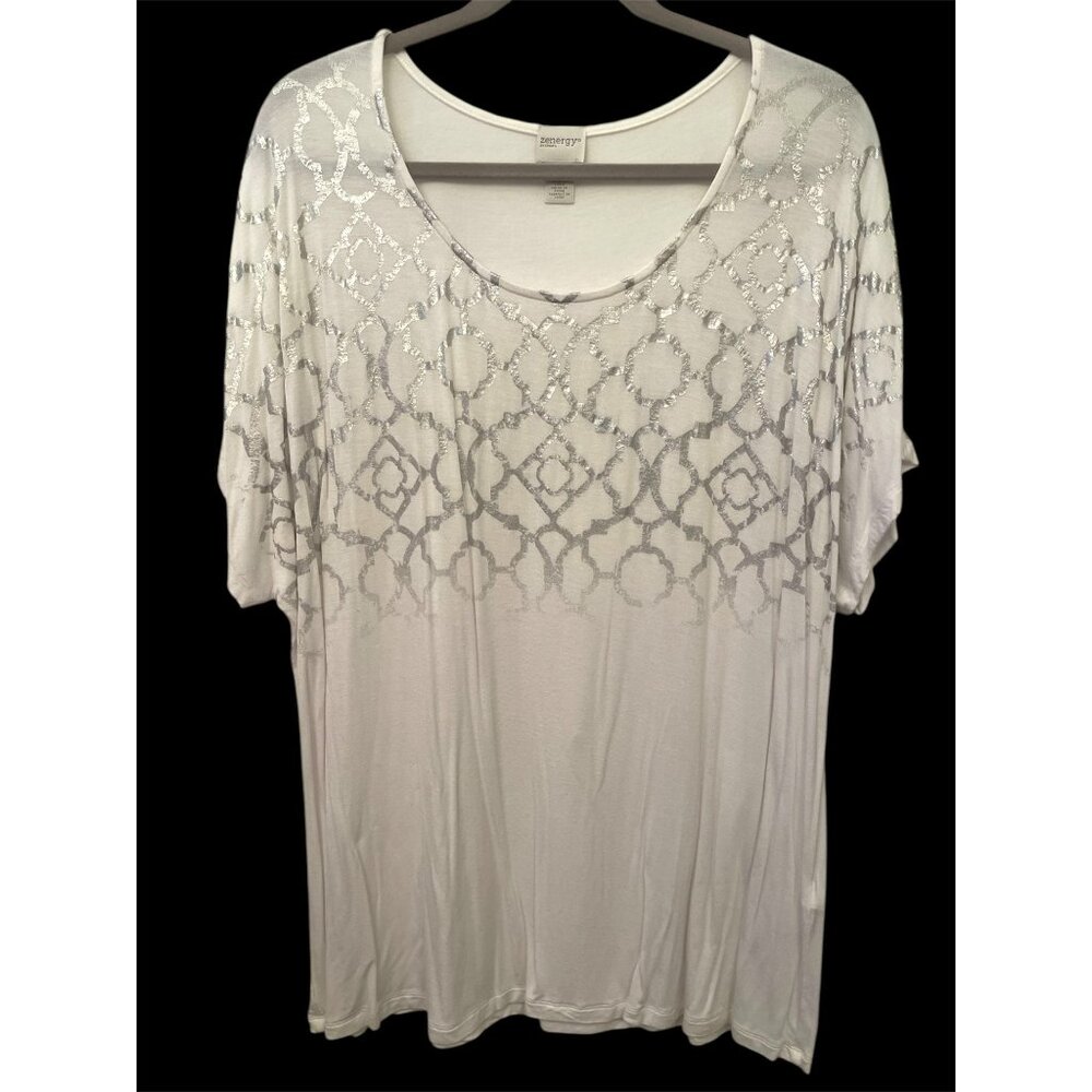 Chico's Zenergy Silver Foil Scoop Neck Tee Tunic Size XL/16 (3) Stretchy Flowy